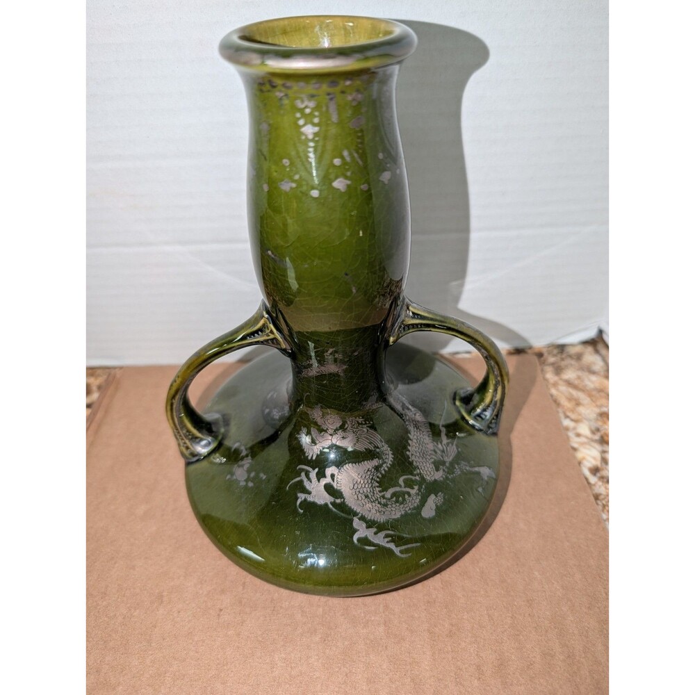 Antique Japanese Izumo Jakuzan Wakayama Vase Ceramic 2 Handles Silver Dragon
